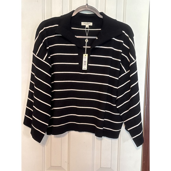 Max‎ Studio Striped Pullover Sweater Collared Knit Top Black White Size S - Picture 1 of 5